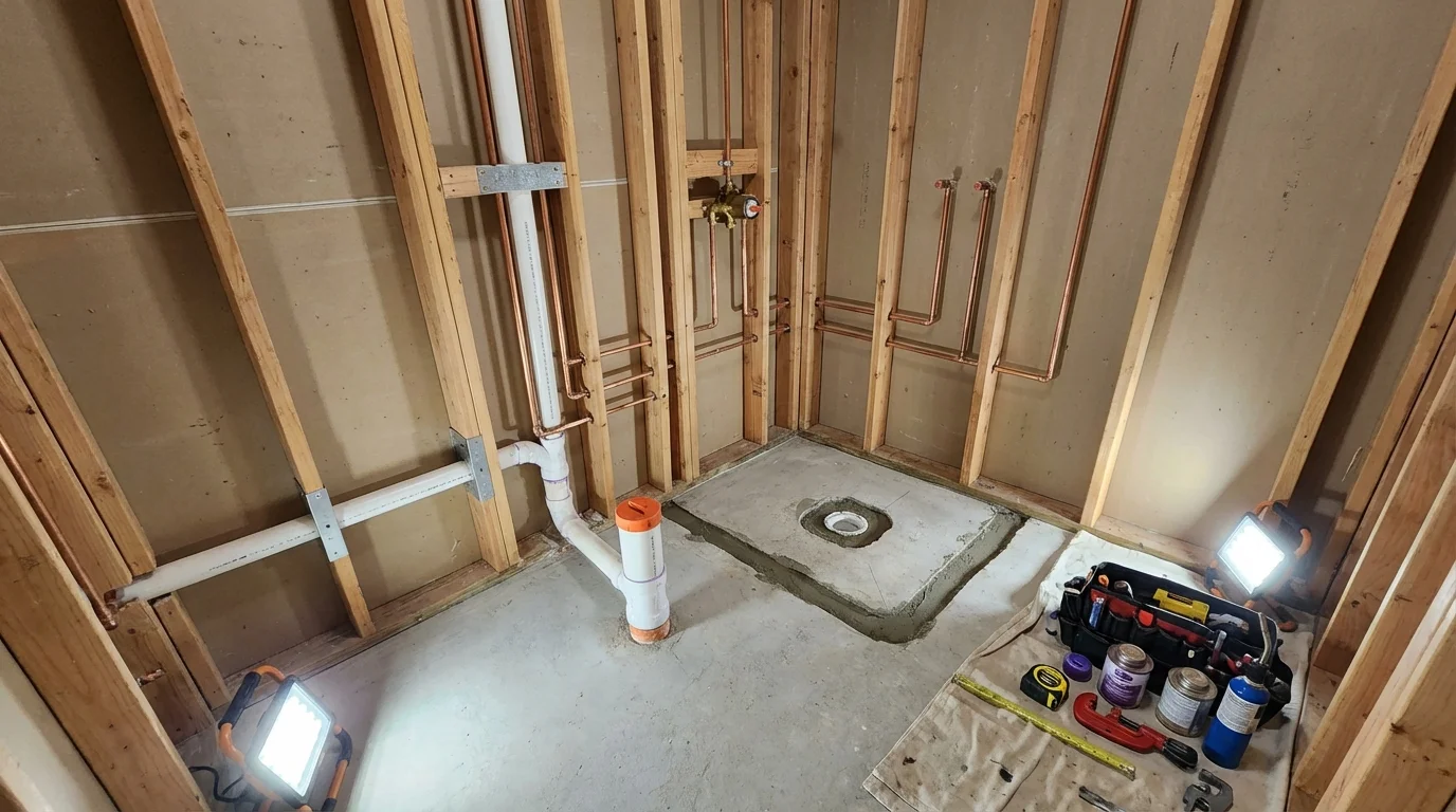 Bathroom rough-in plumbing during remodel by Johns Plumbing LLC in Woodacre