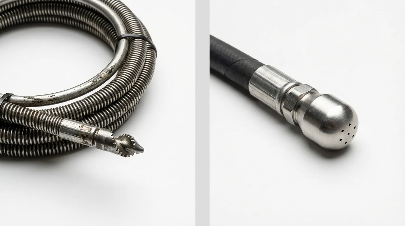 Drain snake cable and hydro jetting nozzle used for drain cleaning in Woodacre, CA
