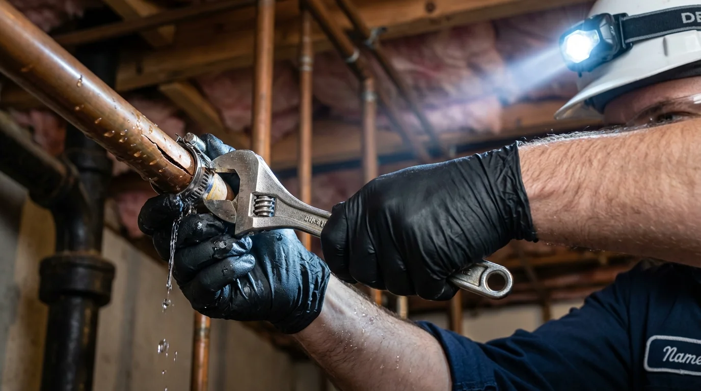 Emergency pipe clamp repair being performed by a Johns Plumbing LLC plumber in Woodacre