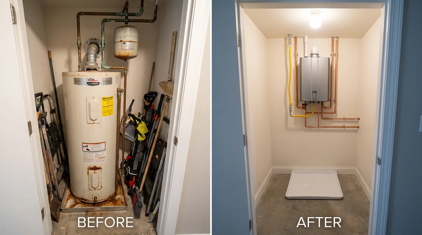 Tank water heater versus wall-mounted tankless unit comparison for Woodacre, CA homeowners