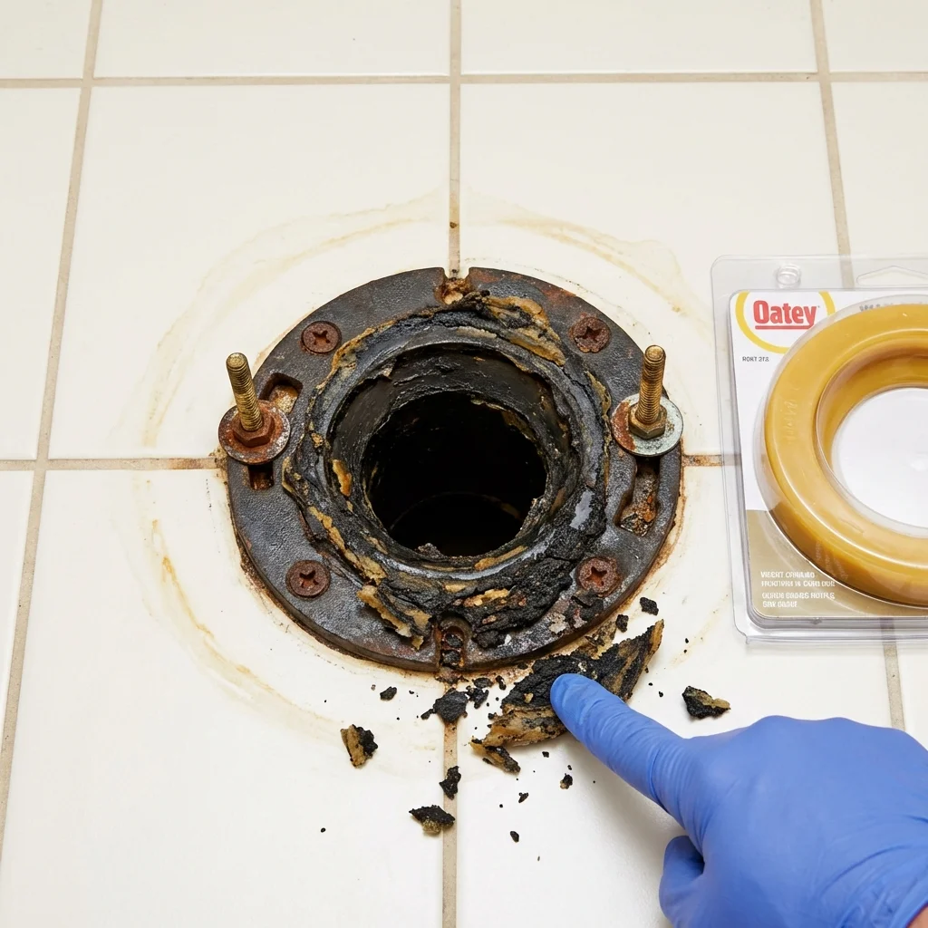 Failed wax ring showing water seepage at the base of a toilet in a Woodacre, CA home