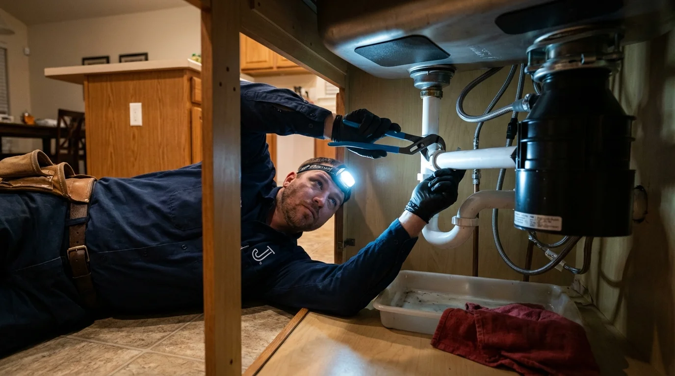 P-trap and supply line connections under a kitchen sink showing a common leak point in Woodacre, CA
